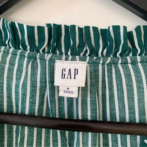 GAP Green White Vertical Striped Ruffle VNeckline Long Sleeve Blouse - Picture 5 of 6